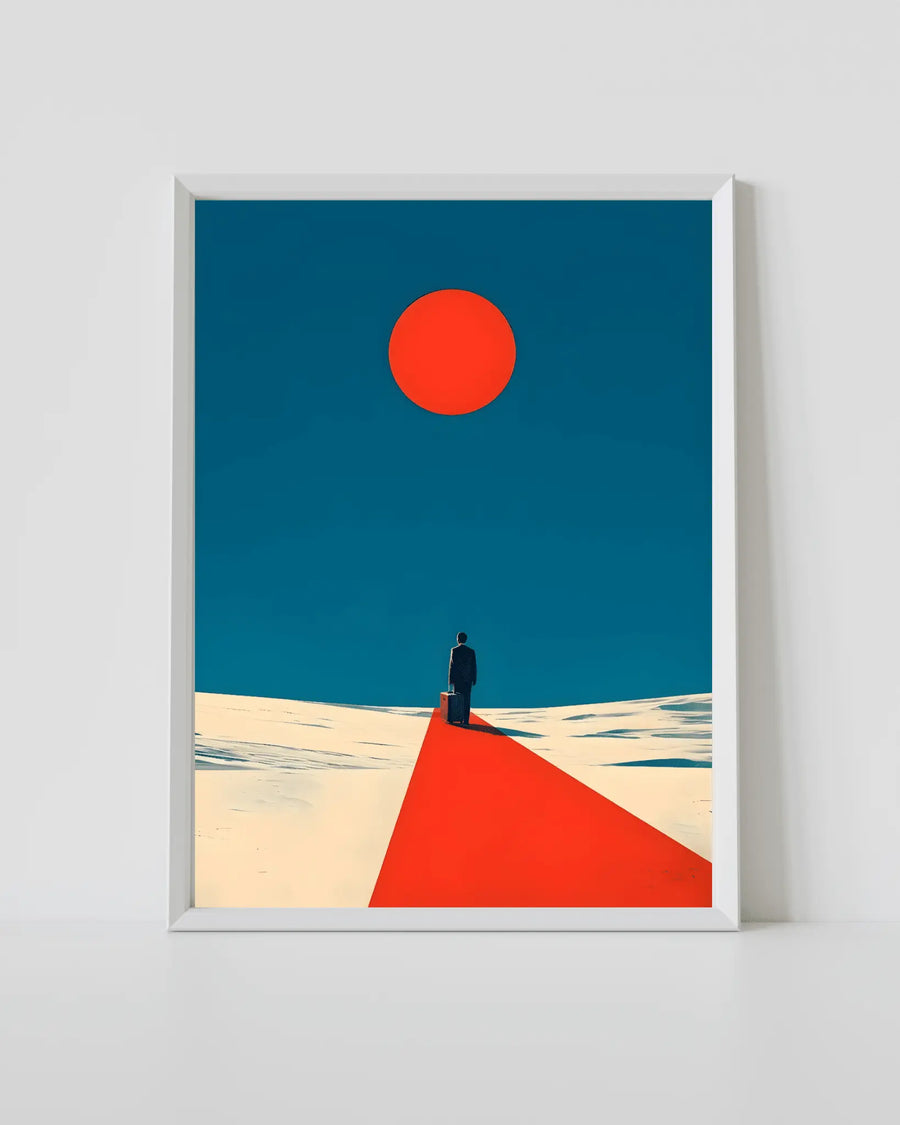 alt
Impresión enmarcada de Camino Rojo con carretera roja, cielo azul y sol rojo, marco blanco