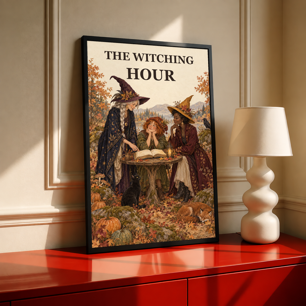 Black-framed Witching Hour art print with three witches reading an open book