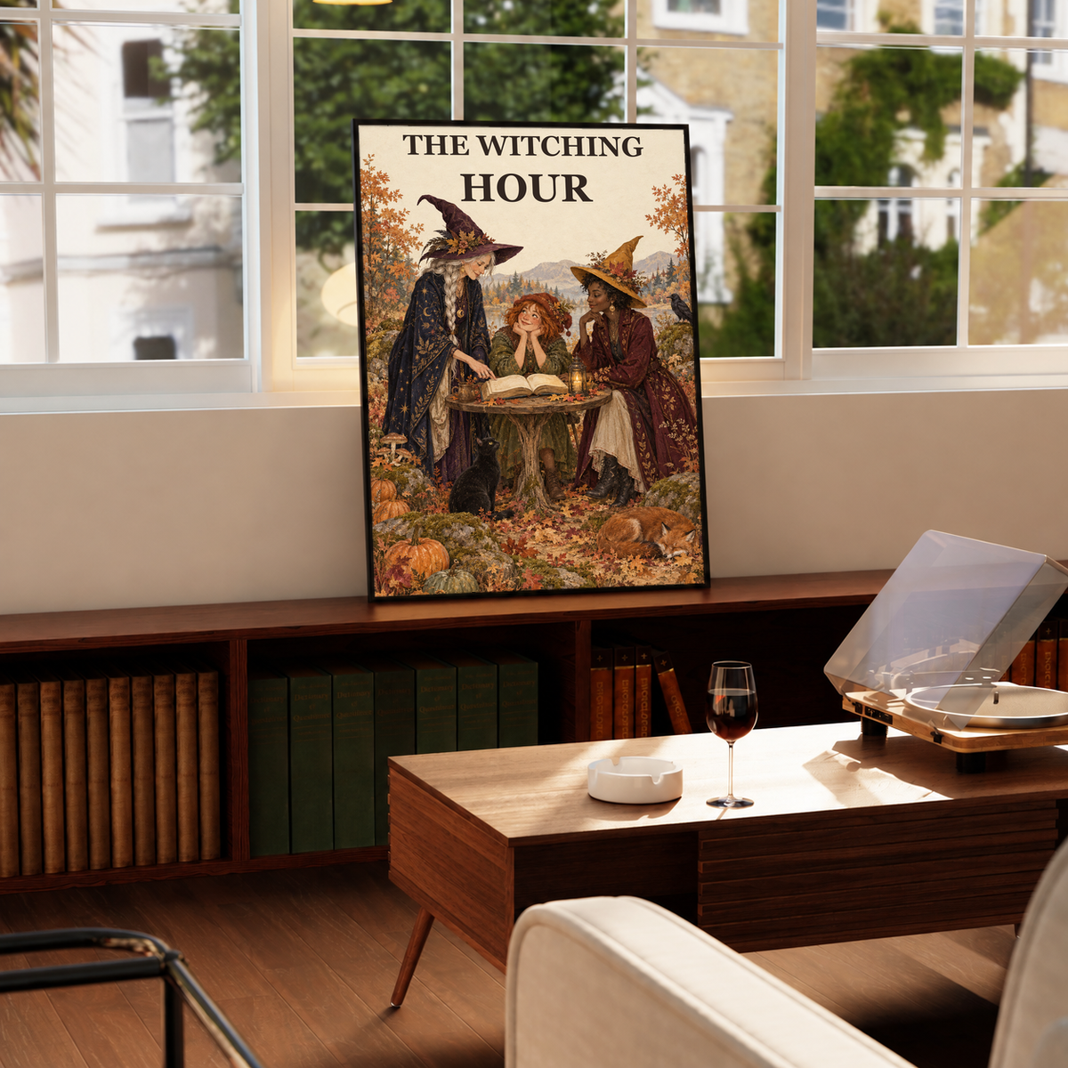Framed Witching Hour art print of three witches reading an open book on a table