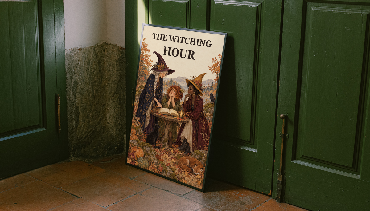 Standing Witching Hour art print with three witches reading an open book