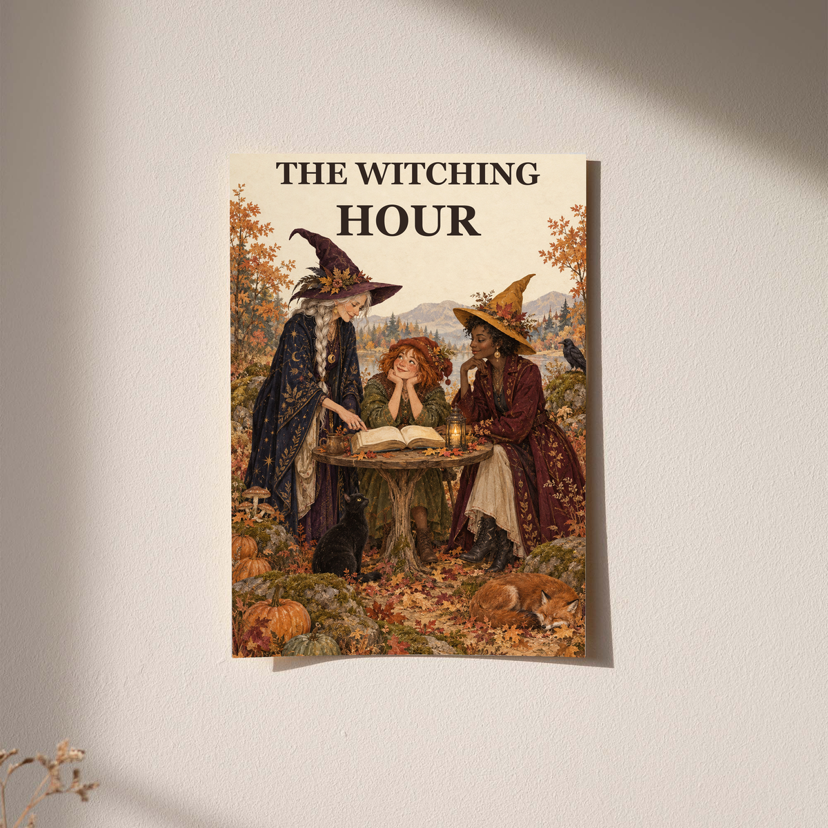 Wall-mounted Witching Hour art print with three witches and an open book