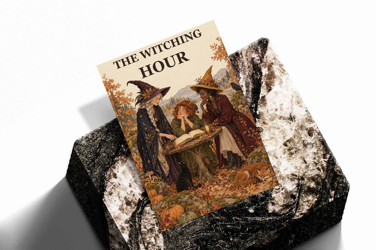 Rolled Witching Hour art print featuring three witches and an open book scene