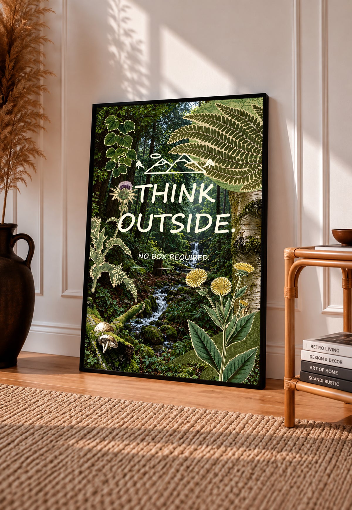 Botanical poster in a slim black frame with fern, flower and forest stream artwork.