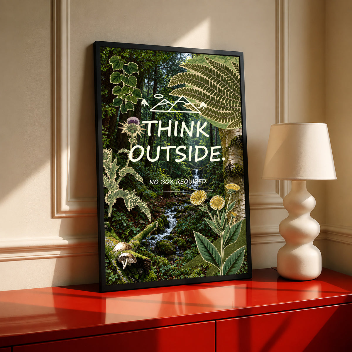 Botanical poster in a black frame, featuring ferns, wildflowers, a forest stream and “Think Outside” text.