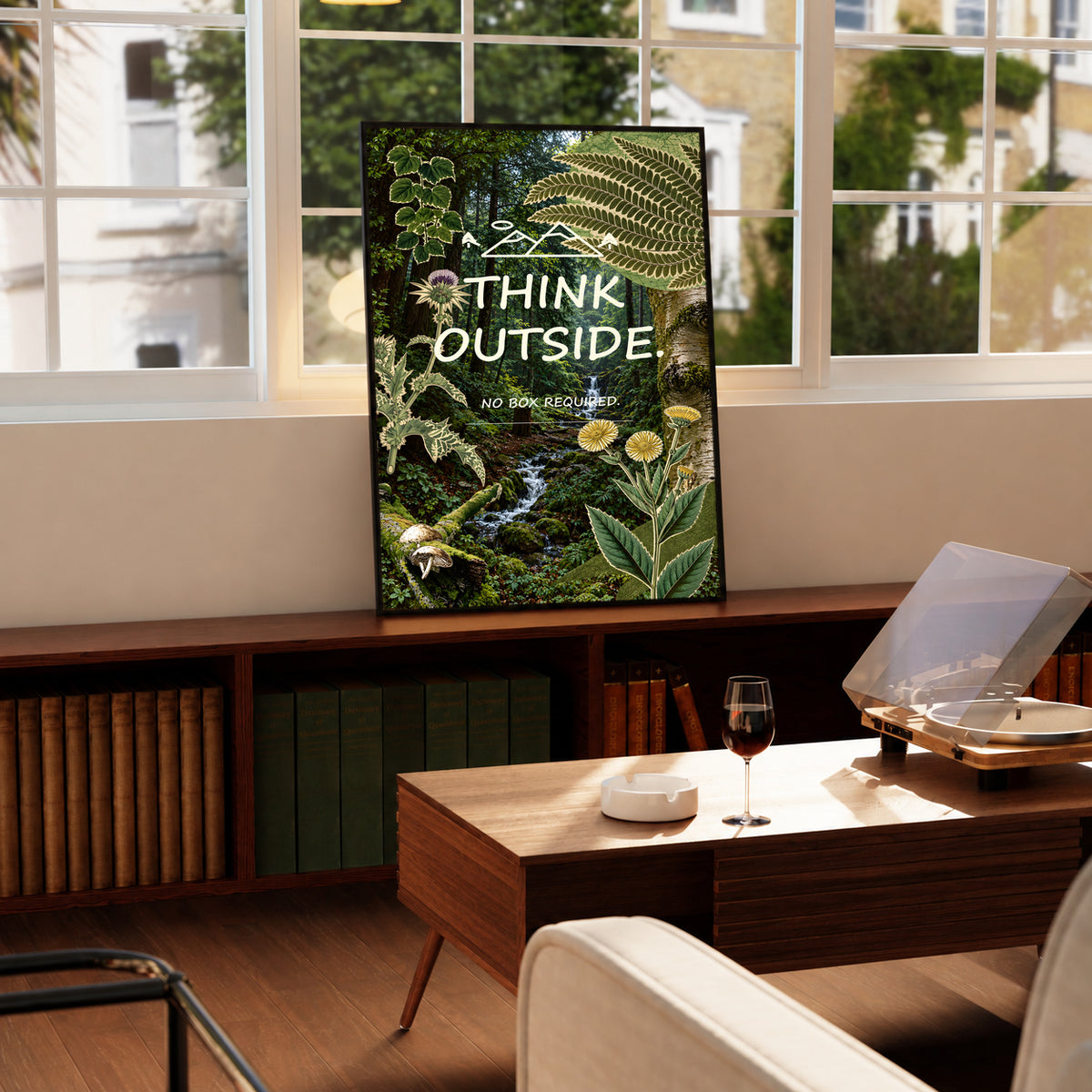 Botanical poster with a forest stream, ferns, wildflowers and “Think Outside” lettering.