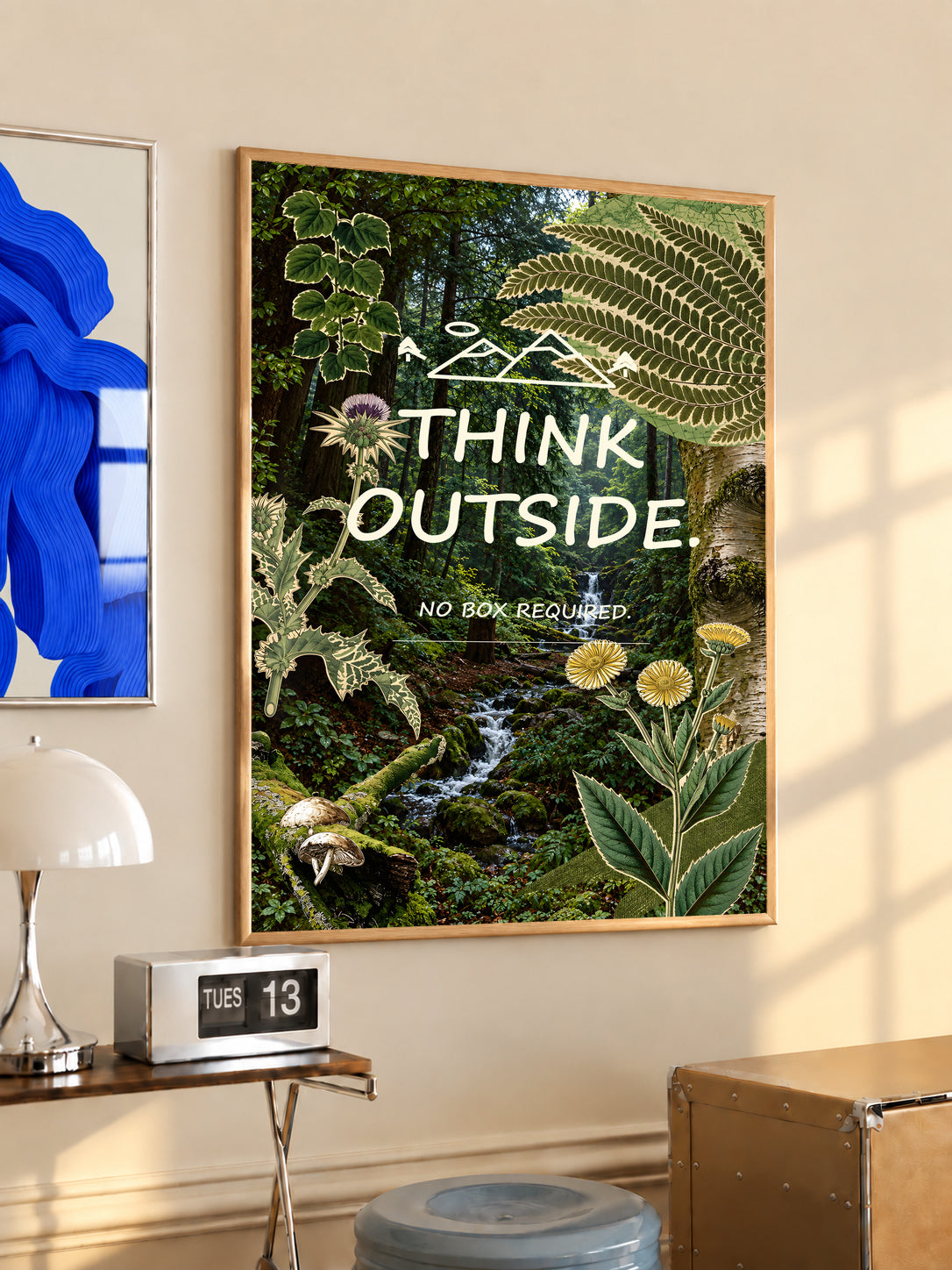 Botanical poster in an oak frame, featuring ferns, wildflowers and a forest stream.