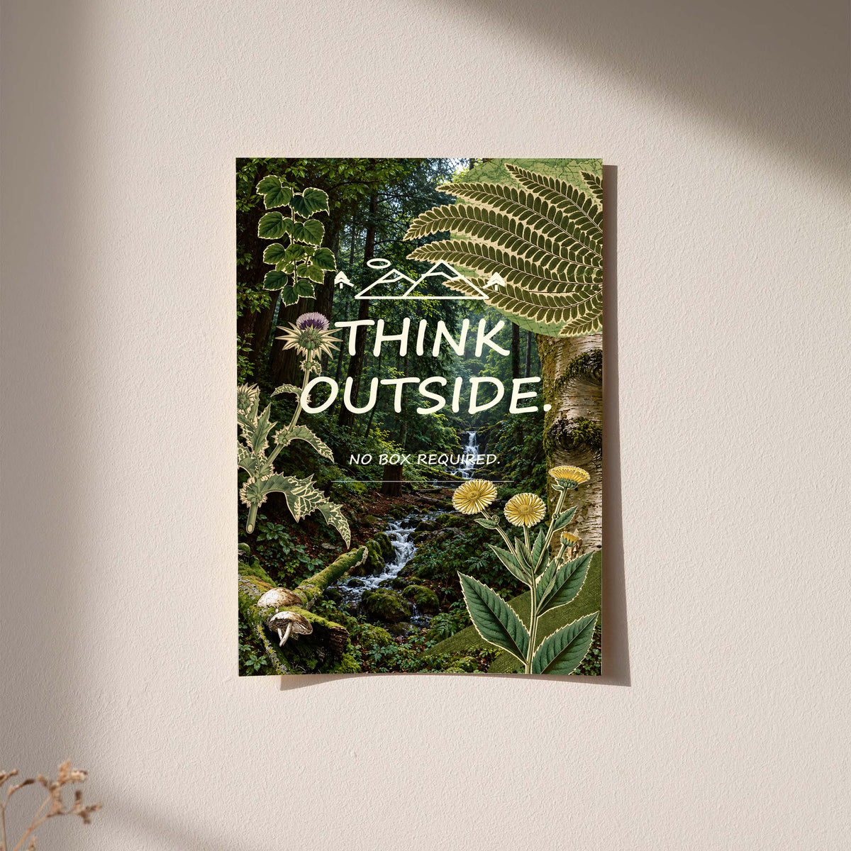 Botanical poster featuring ferns, wildflowers, a forest stream and “Think Outside” text.