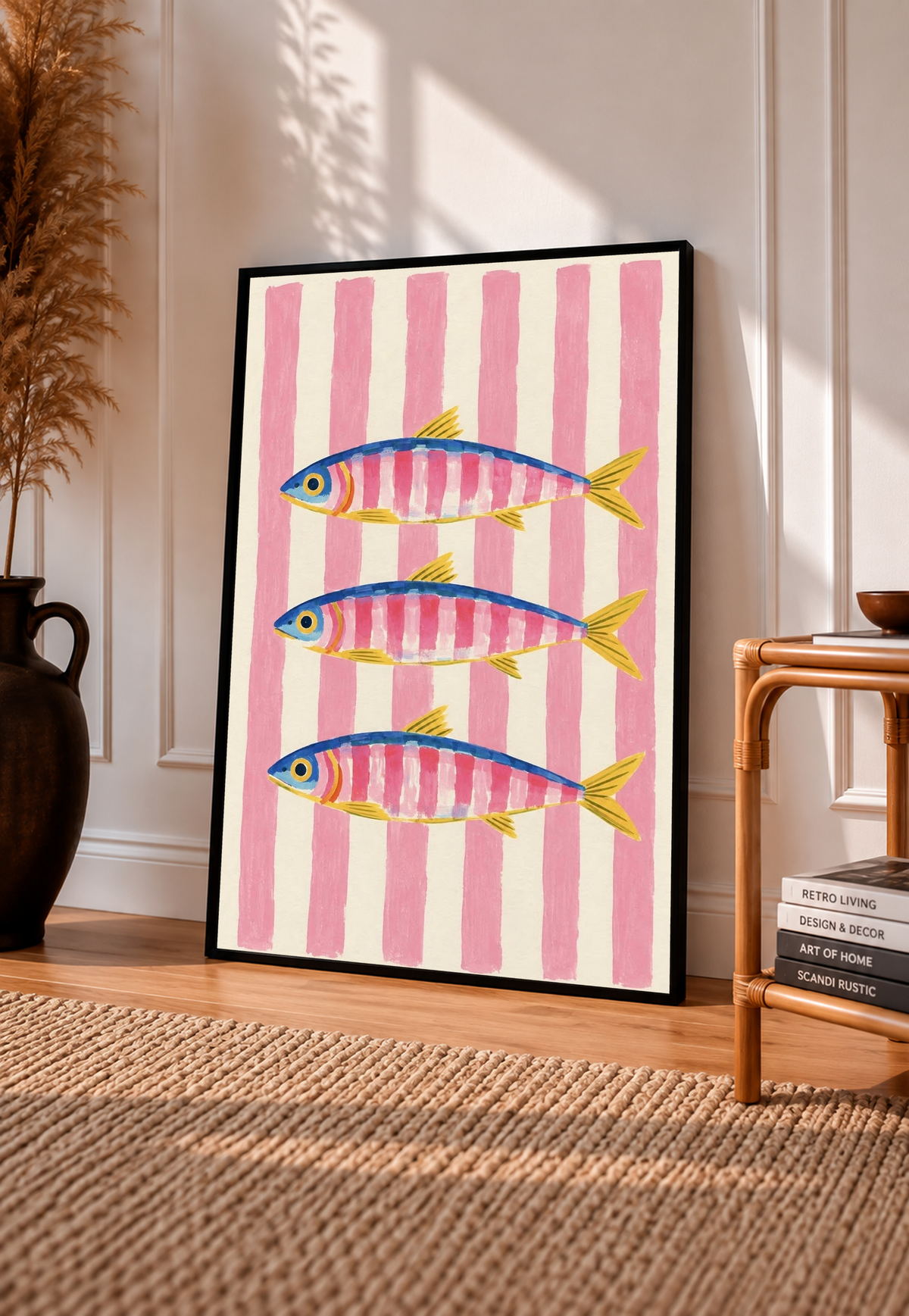 Black-framed vertical art print showing three blue and pink fish on pink stripes