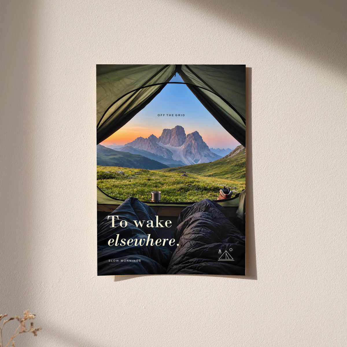 Camping poster showing a mountain view from inside a tent, with a black border.