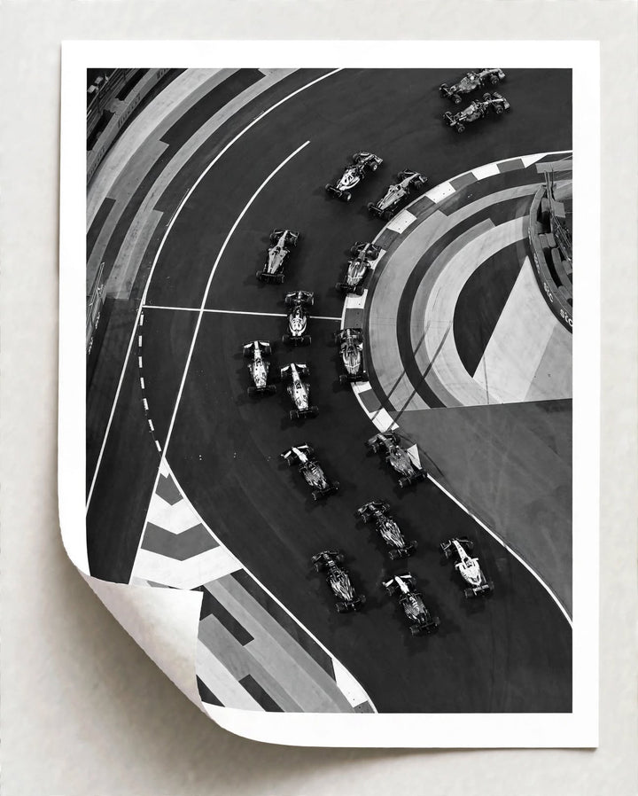 F1 Circuit Art Print with detailed track markings, sweeping corners and a field of racing cars