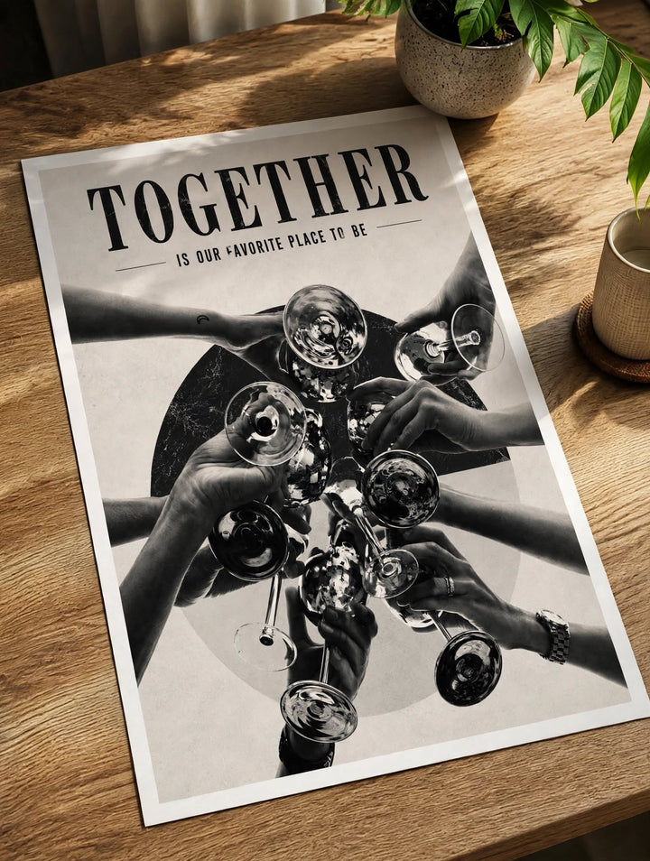 Together Typography Art Print featuring a Together Is Our Favorite Place To Be quote and raised glasses