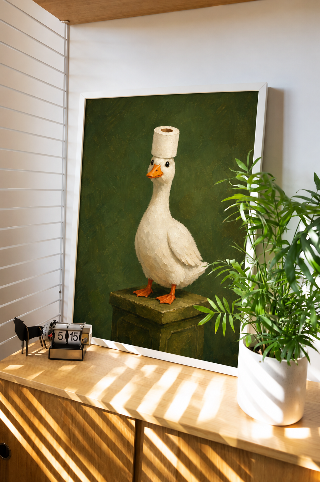 Framed goose wall art with toilet-roll holder, perched on a log