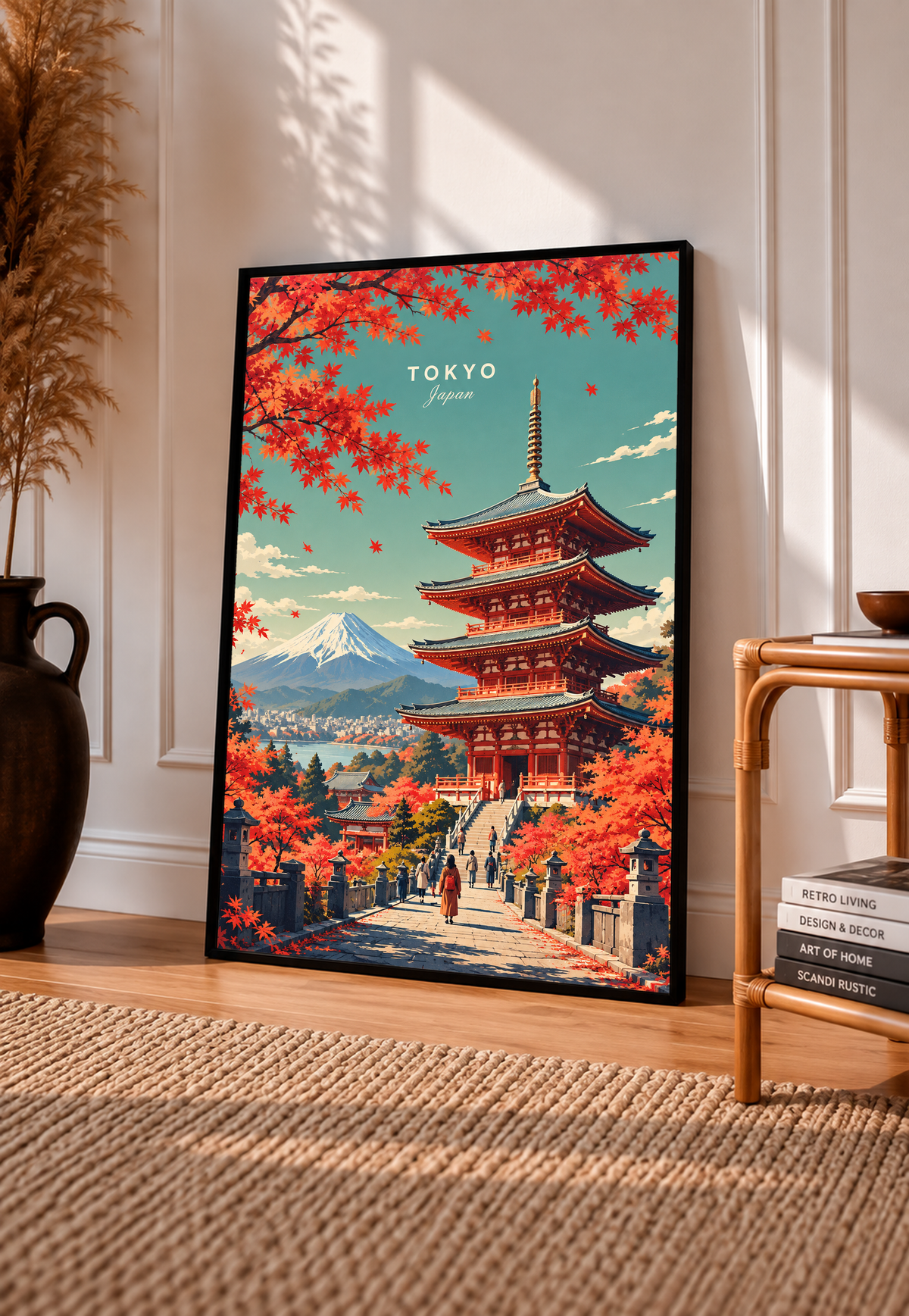 Standing framed poster print with Tokyo pagoda, red foliage and Mount Fuji in distance