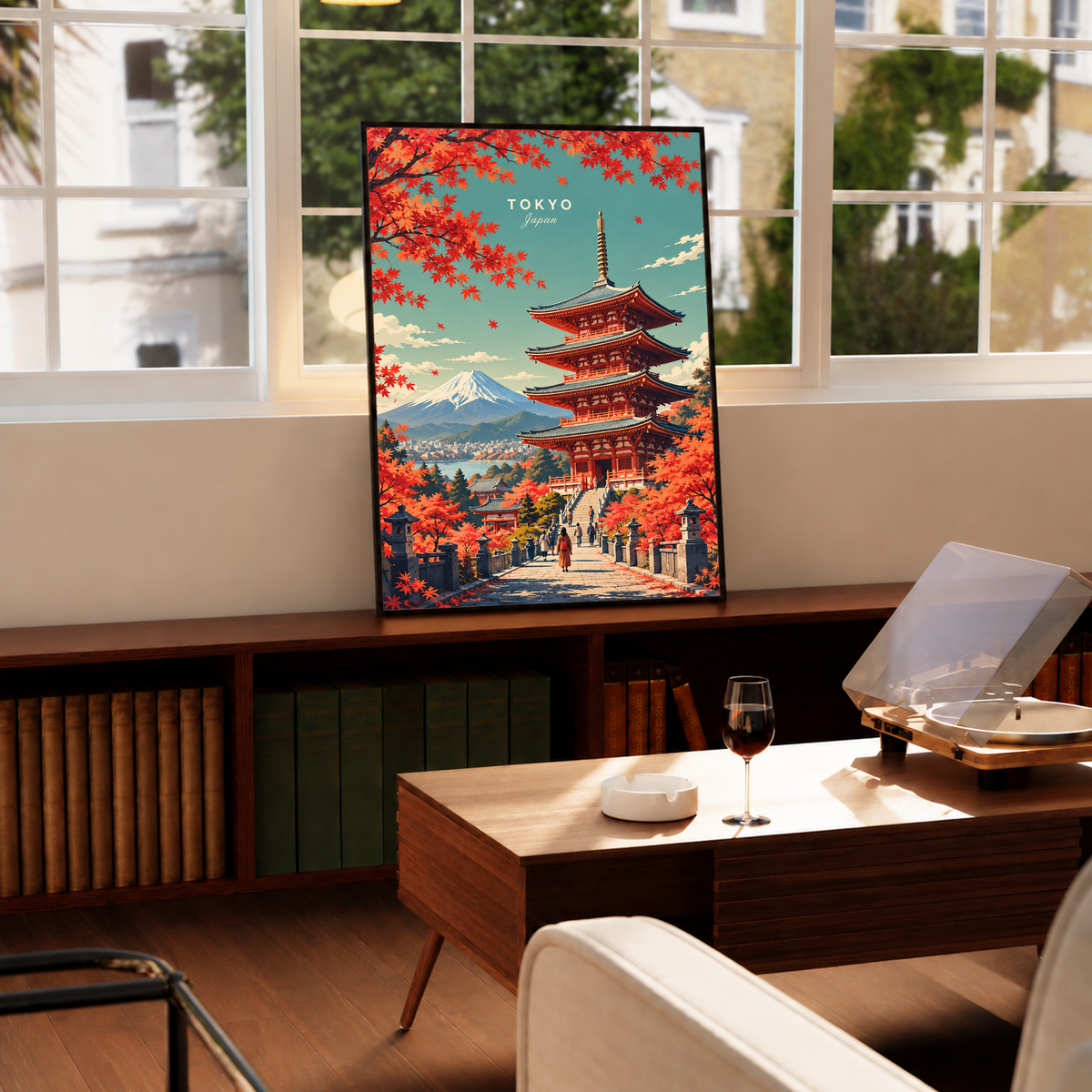 Vertical framed poster on a console table with Tokyo pagoda, red maple trees and Mount Fuji
