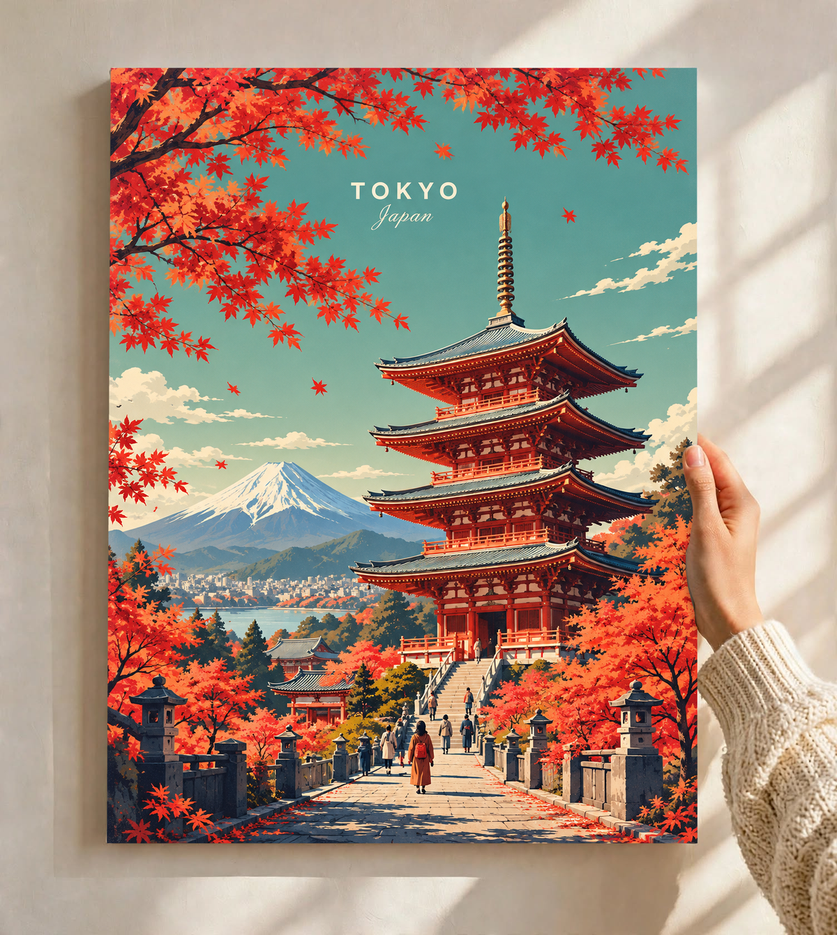 Square wall poster featuring red maple branches, Tokyo pagoda tower, Mount Fuji and street