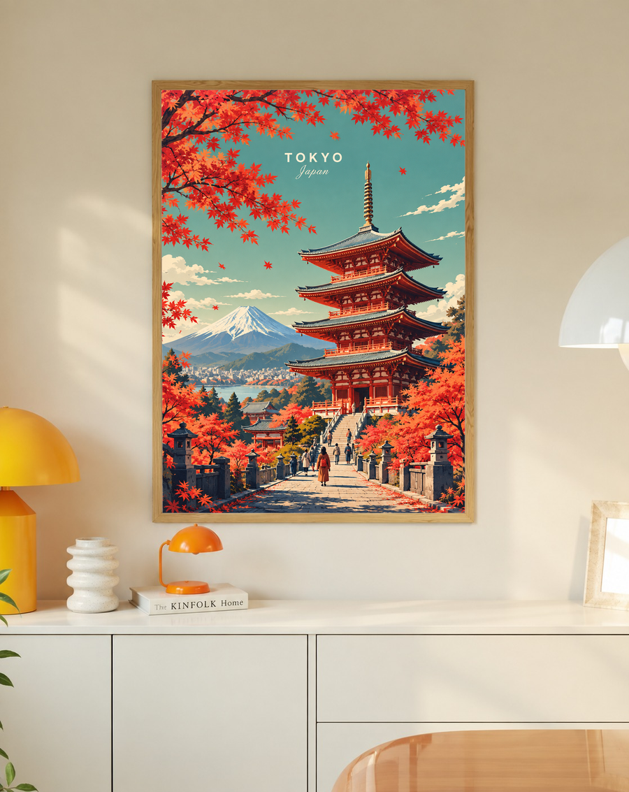 Framed travel poster with red maple leaves, Tokyo pagoda and Mount Fuji landscape