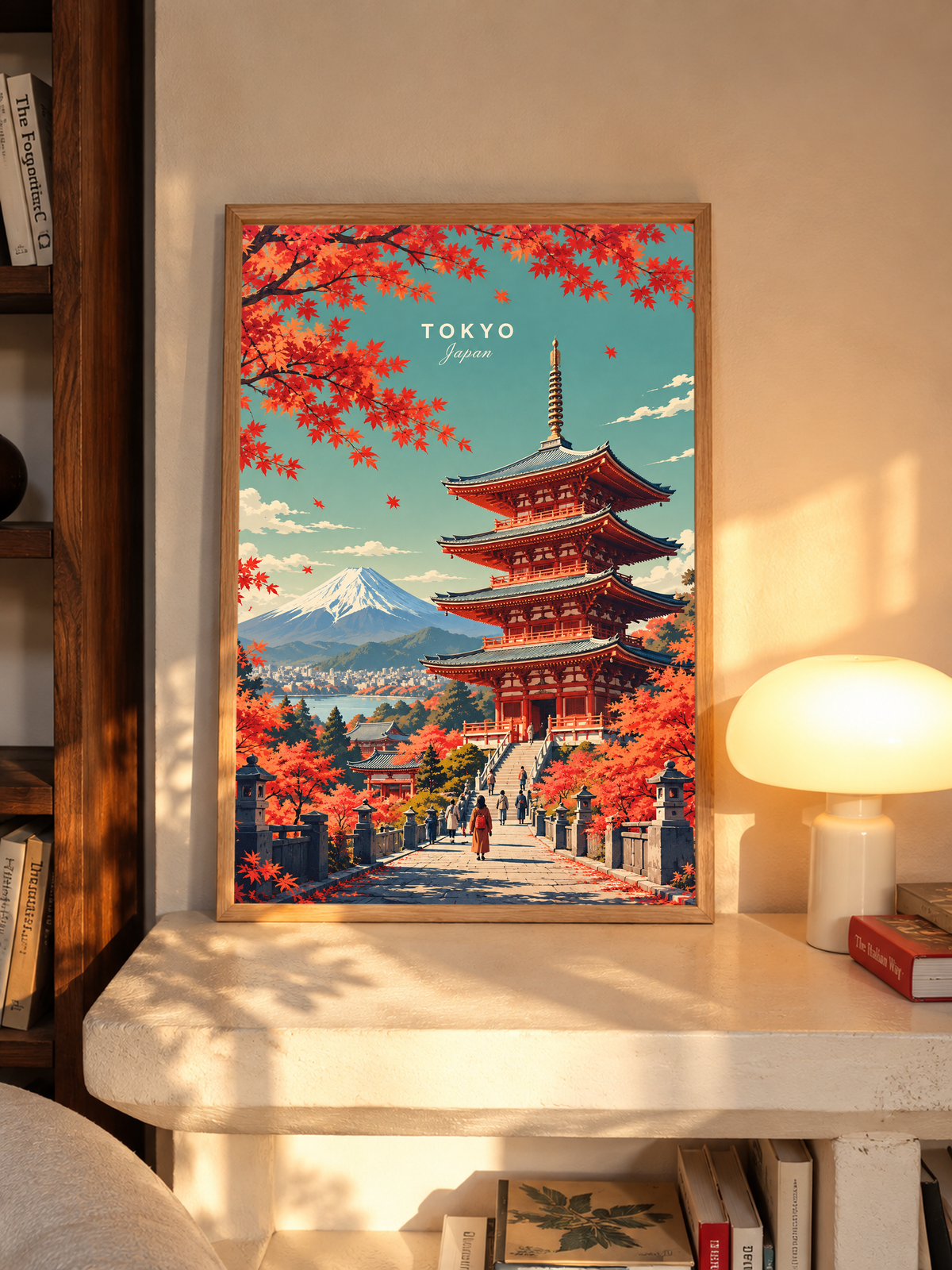 Framed Tokyo landscape poster with pagoda, red maple leaves and Mount Fuji mountains