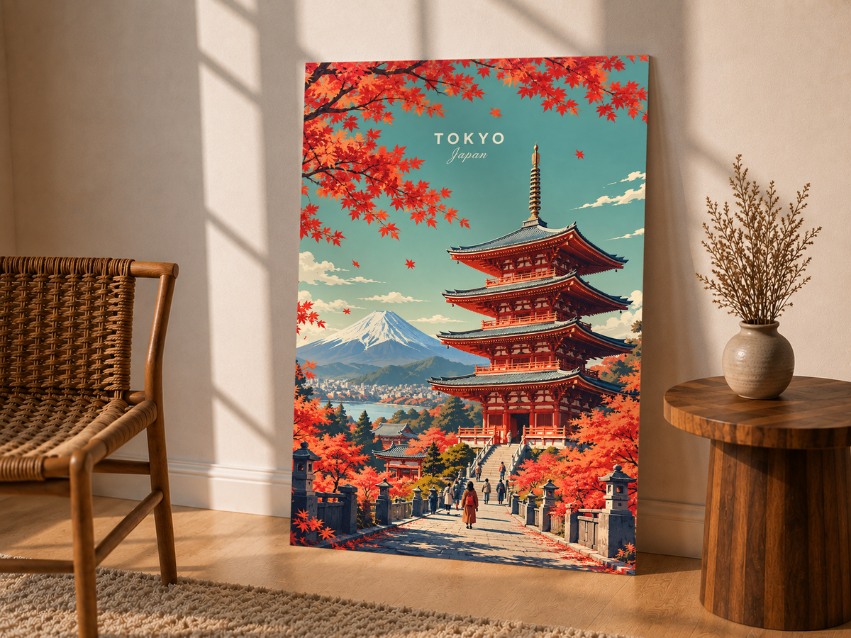 Tokyo autumn pagoda poster with red maple leaves, Mount Fuji, and colorful pagoda