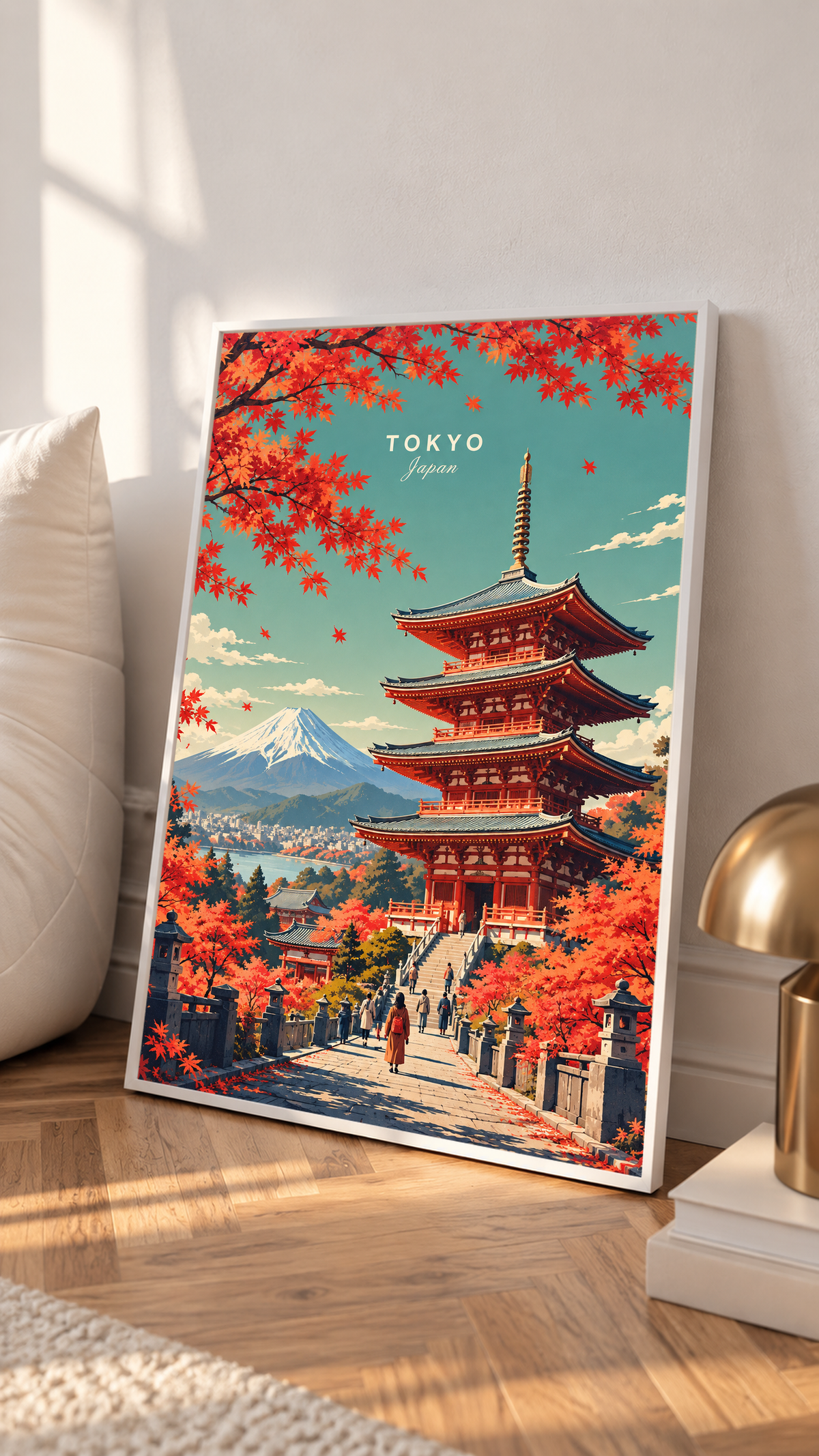 Tilted framed art poster showing Tokyo pagoda, red maple trees, street path and Mount Fuji