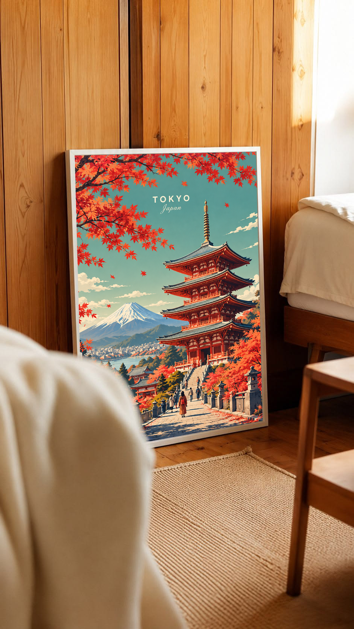 Framed Tokyo landscape poster leaning near a bed, with pagoda, red foliage and Mount Fuji