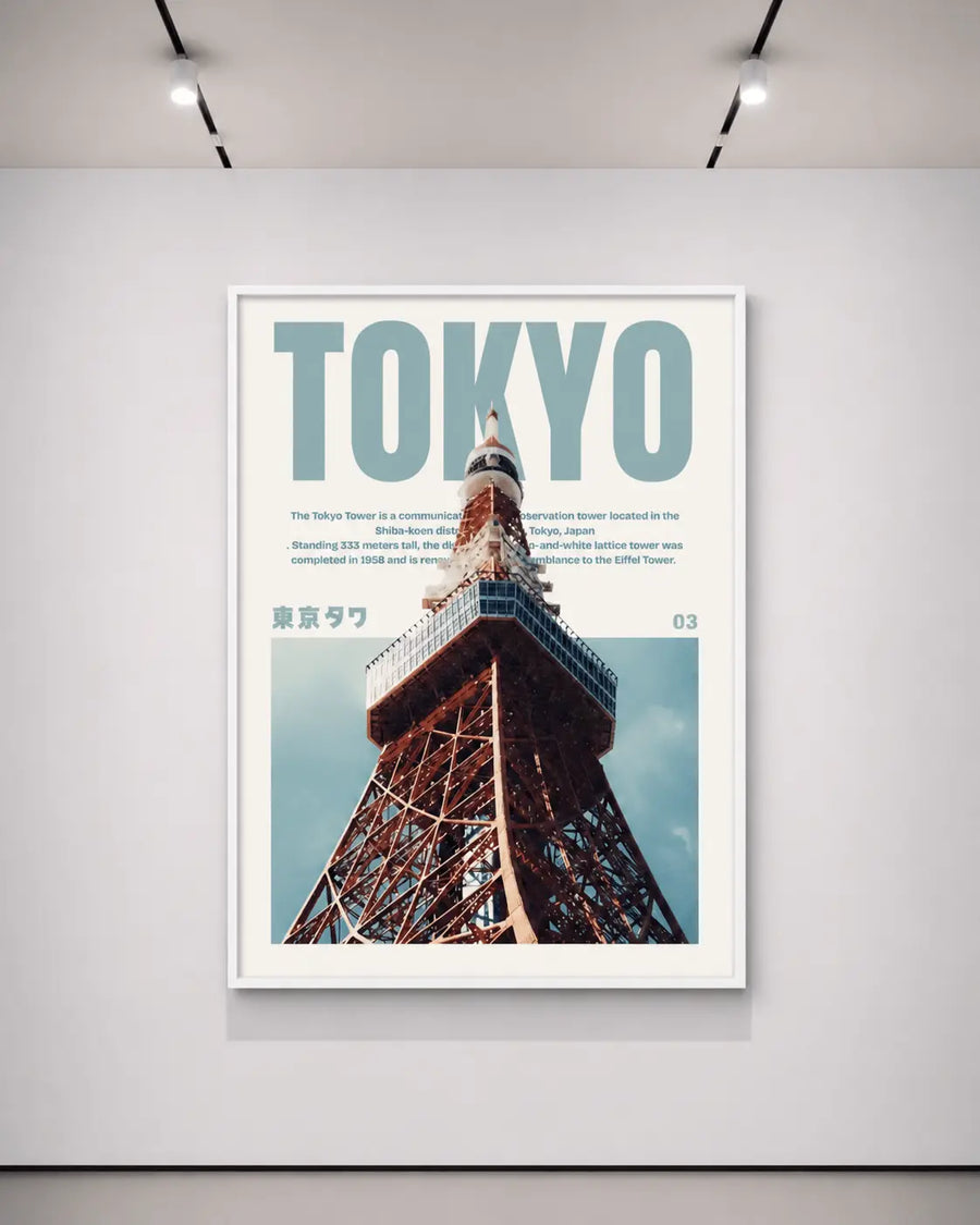 Lámina de arte mural de Tokio con marco blanco, encabezado TOKIO y foto de la Torre de Tokio