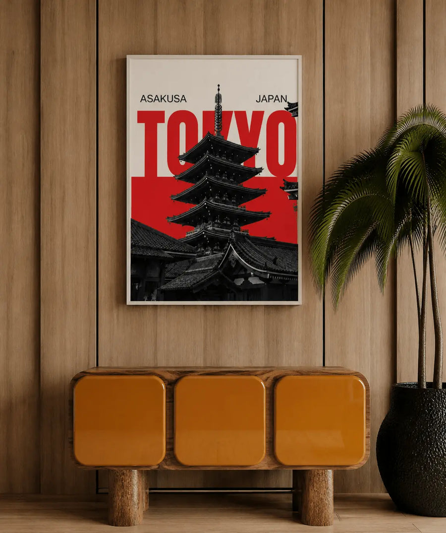 alt
Póster de Tokio enmarcado en madera con fondo rojo y templo pagoda negro
