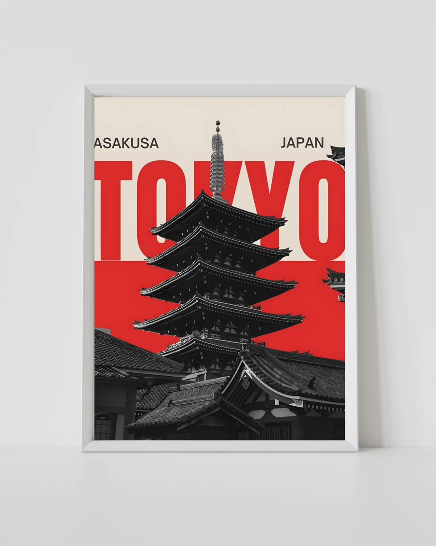 Impresión de póster de Tokio con marco blanco, fondo rojo y templo pagoda negro