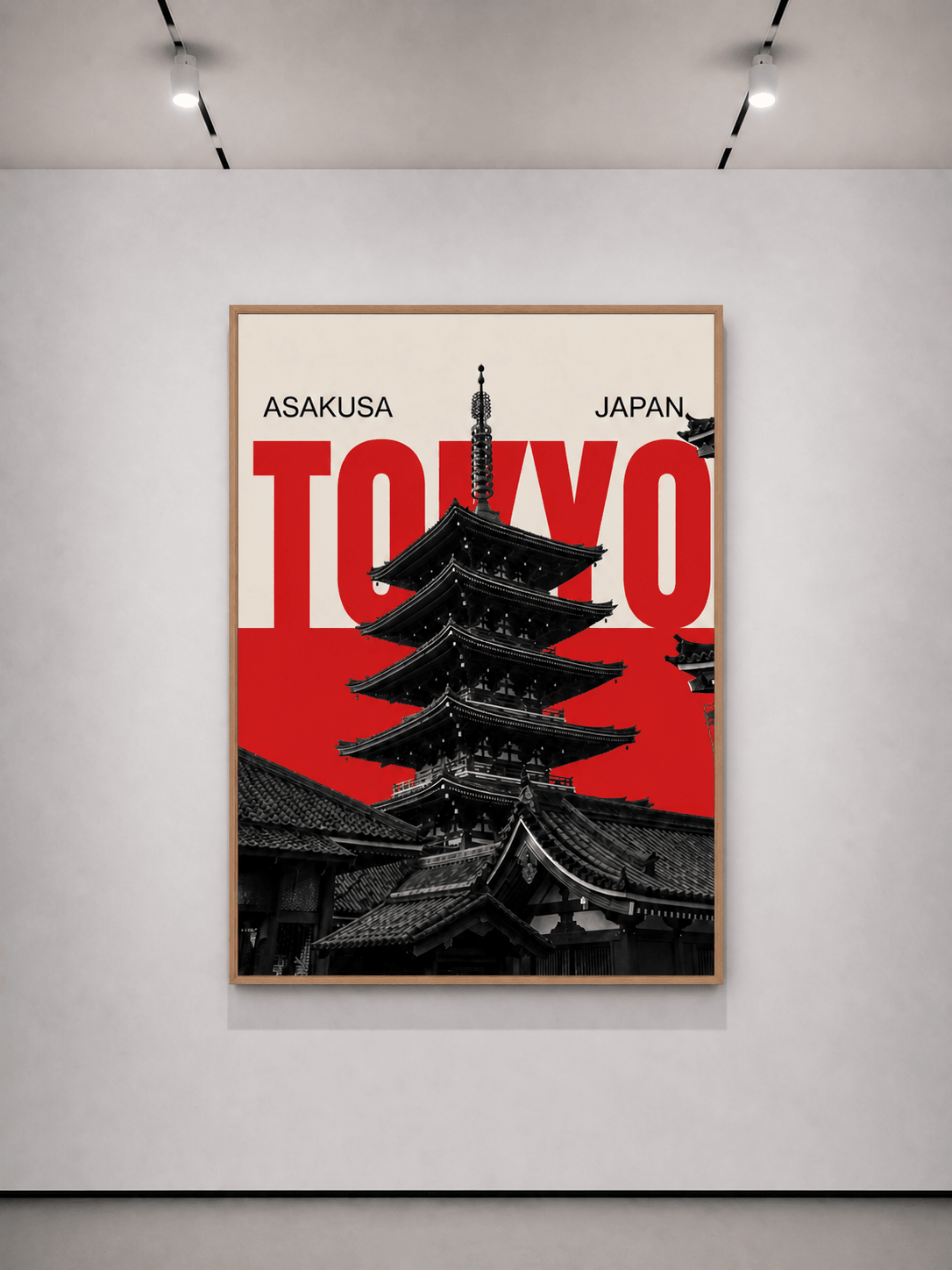 Stampa poster di Tokyo con cornice in quercia, con pagoda nera su sfondo rosso