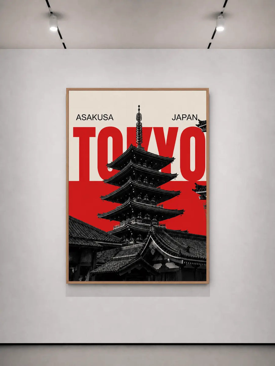 alt
Impresión póster de Tokio con marco de roble y pagoda negra sobre fondo rojo