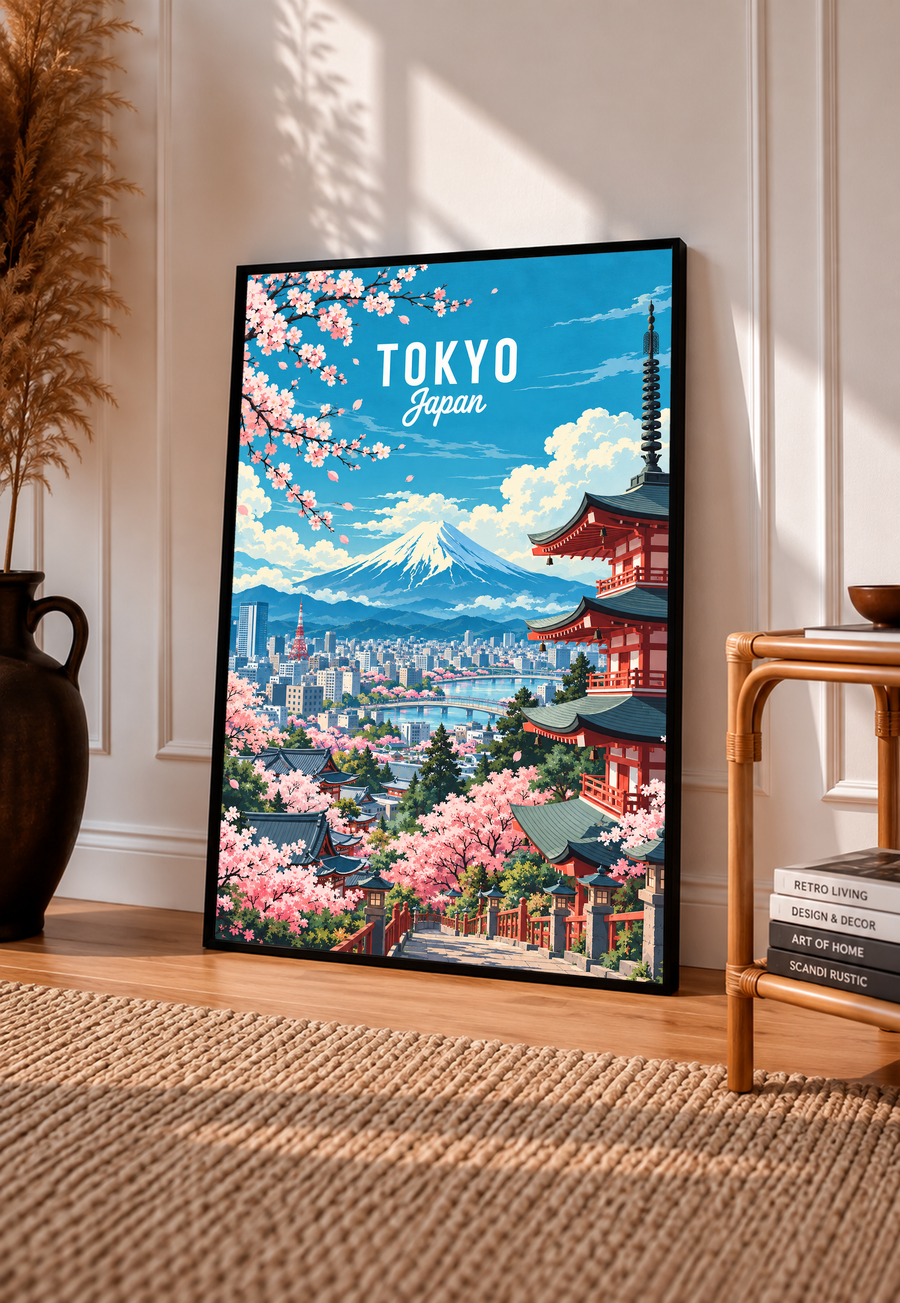Black-framed Tokyo spring poster showing cherry blossoms, pagoda, and Mount Fuji.