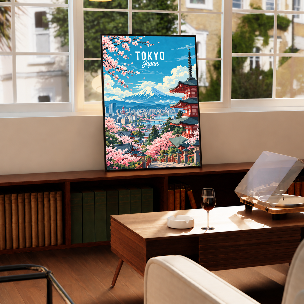 Colorful Tokyo skyline poster with pagoda, cherry blossoms, and Mount Fuji