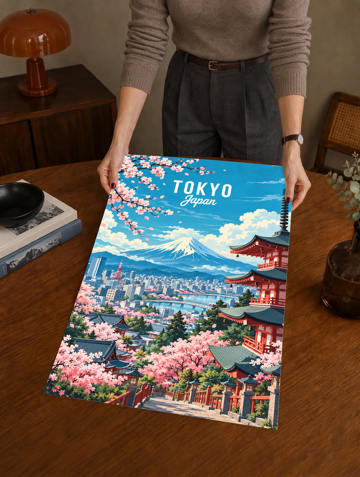 Tokyo spring poster with cherry blossoms, pagoda, and Mount Fuji city view.