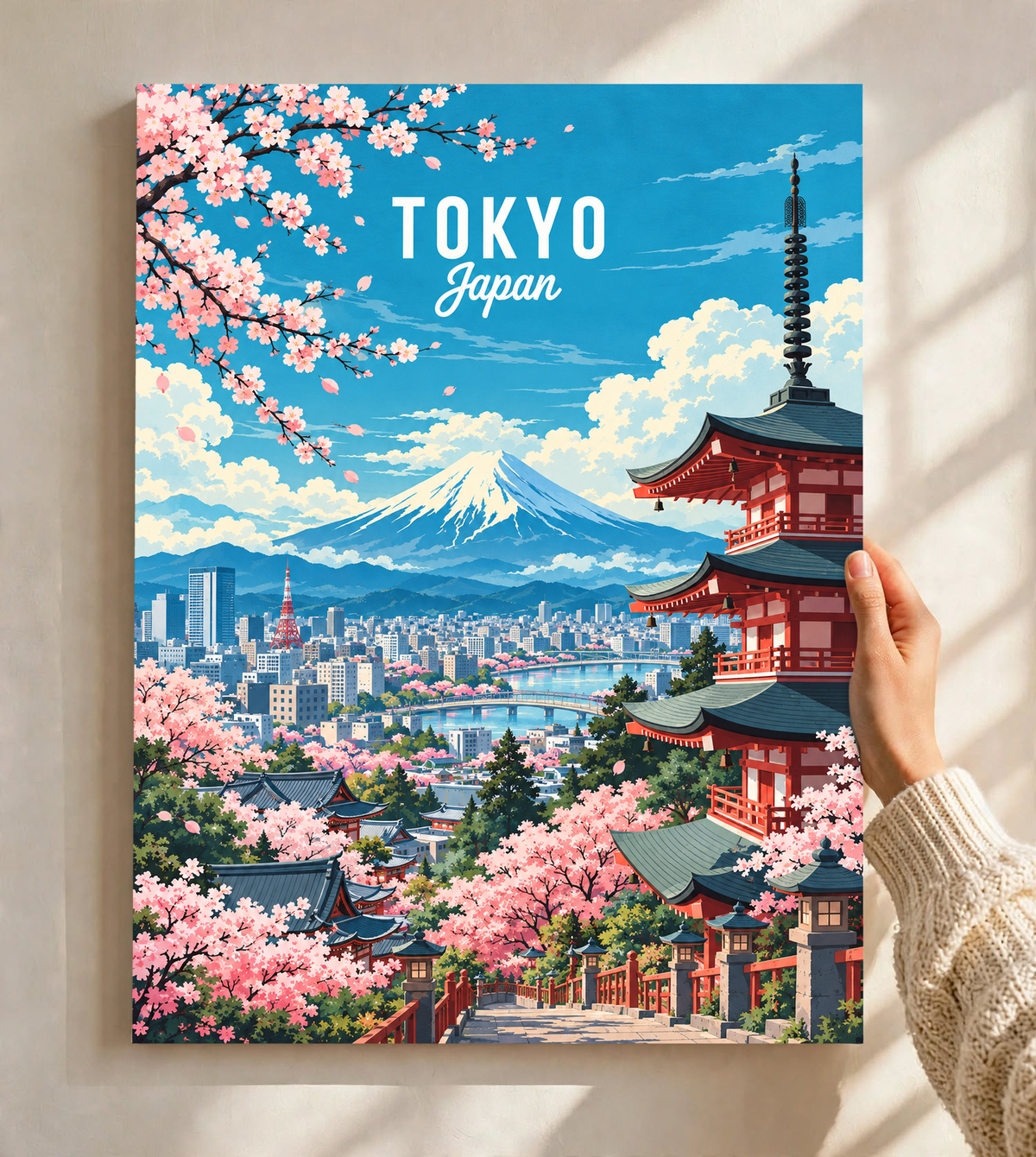 Black-framed Tokyo spring poster close-up with cherry blossoms, pagoda, and Mount Fuji.