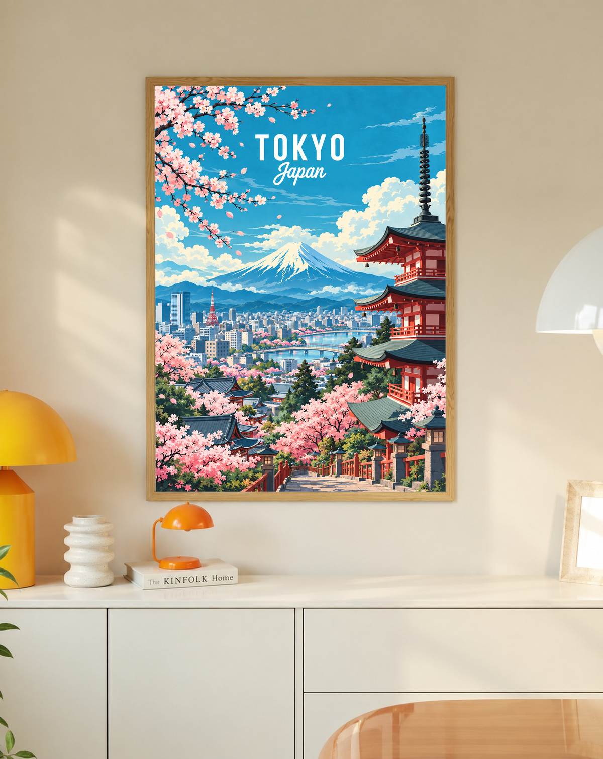Wood-framed Tokyo spring poster with cherry blossoms, pagoda, and Mount Fuji skyline.