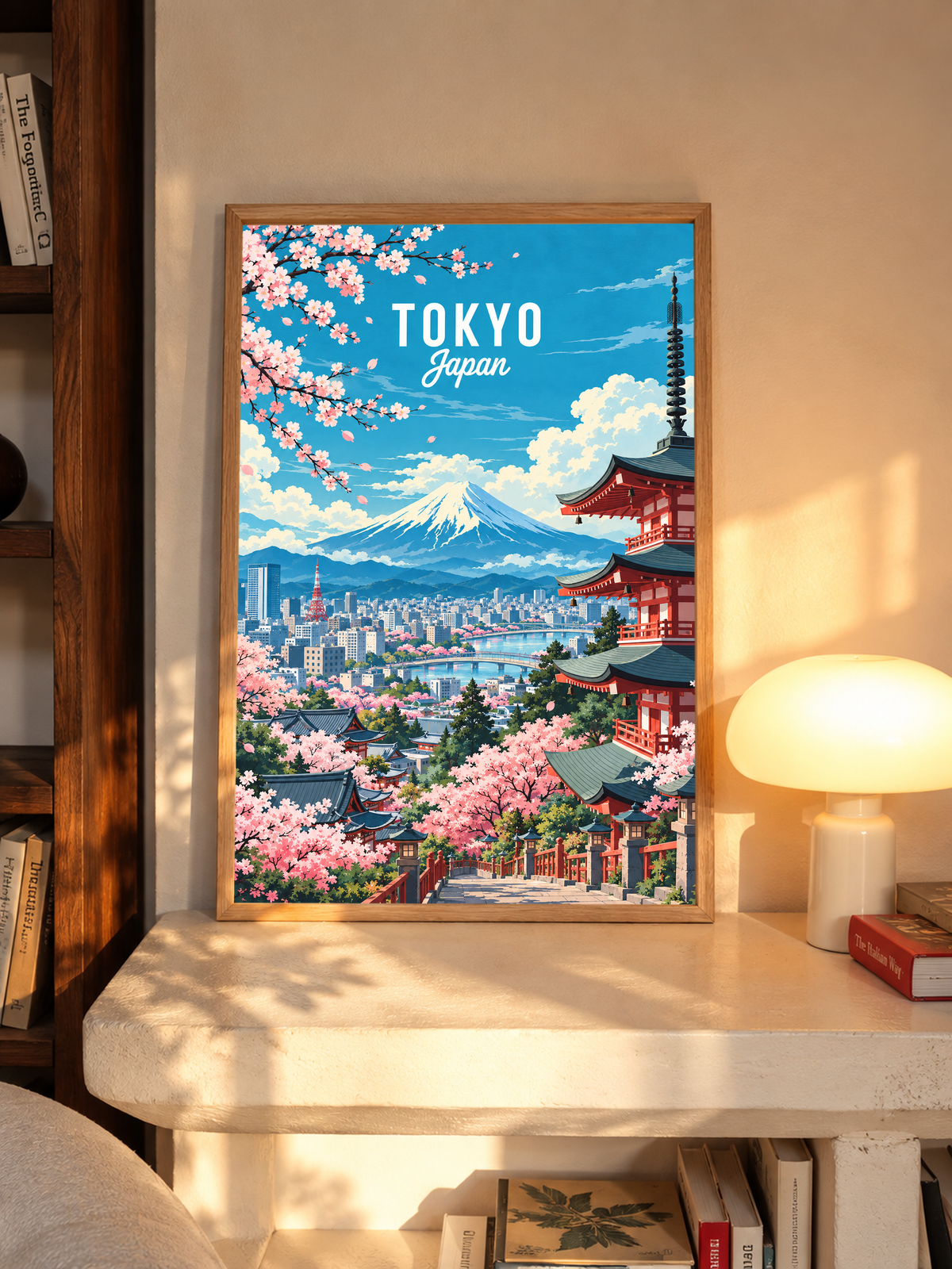 Wood-framed Tokyo spring poster with cherry blossoms, pagoda, and Mount Fuji skyline.