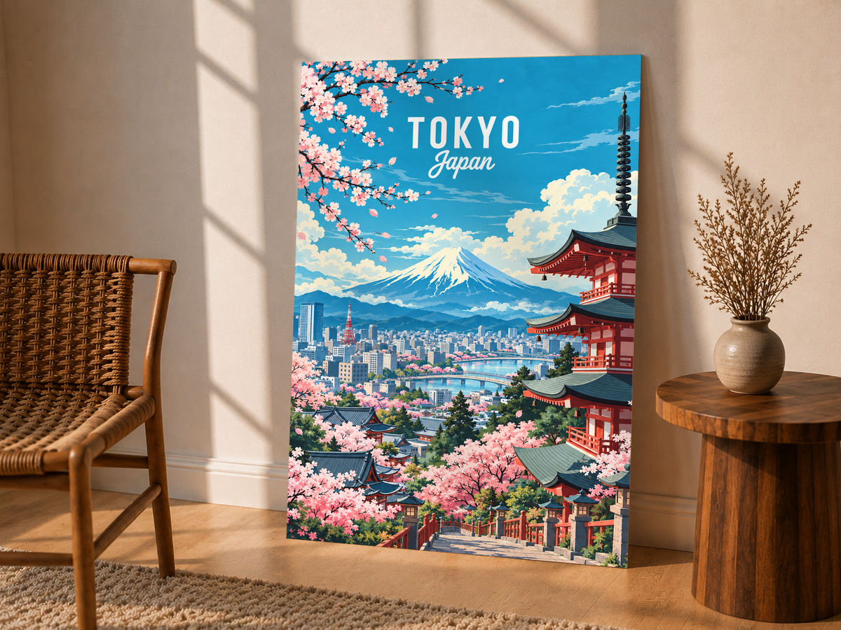 Tokyo spring poster with cherry blossoms, pagoda, and Mount Fuji skyline.