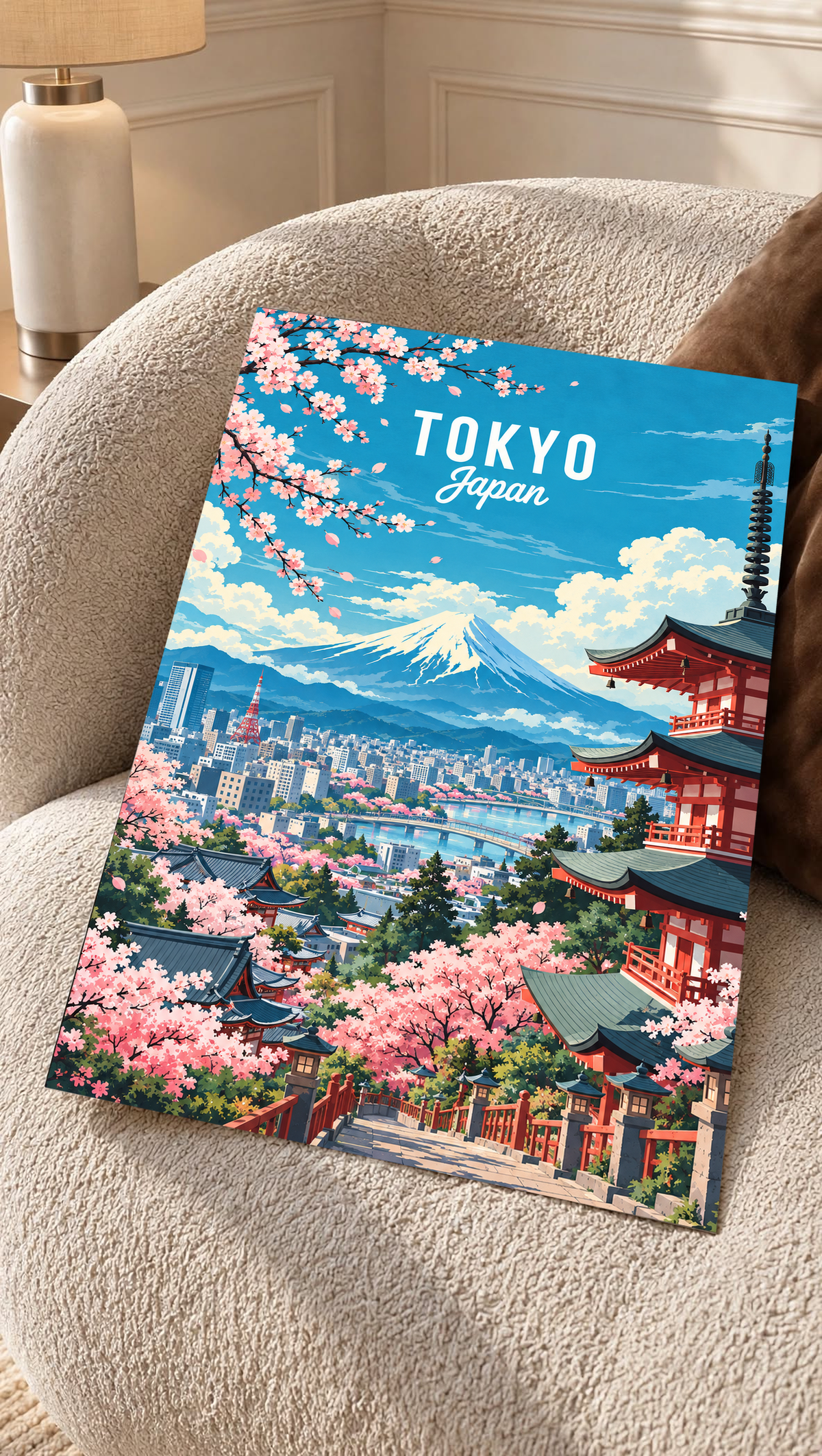 Tokyo spring poster with cherry blossoms, pagoda, and Mount Fuji over city skyline.