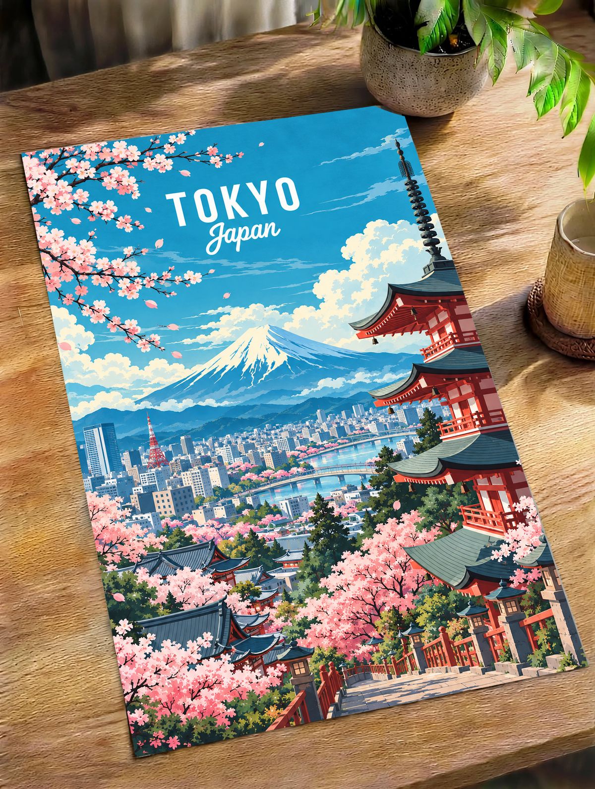 Tokyo spring poster with cherry blossoms, pagoda, and Mount Fuji over city skyline.