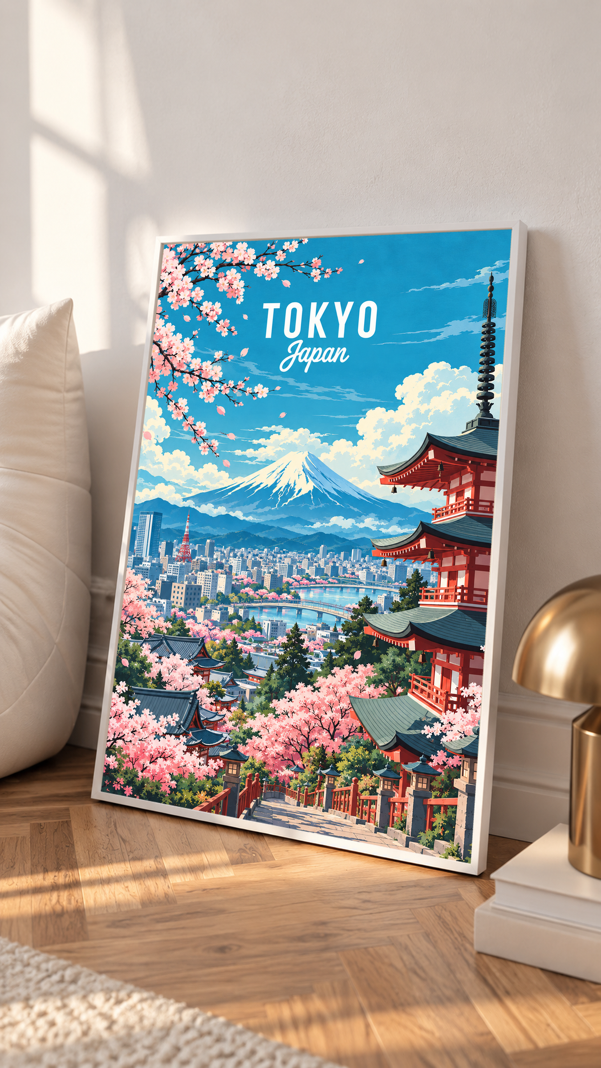 Black-framed Tokyo spring poster with cherry blossoms and Mount Fuji over city skyline.