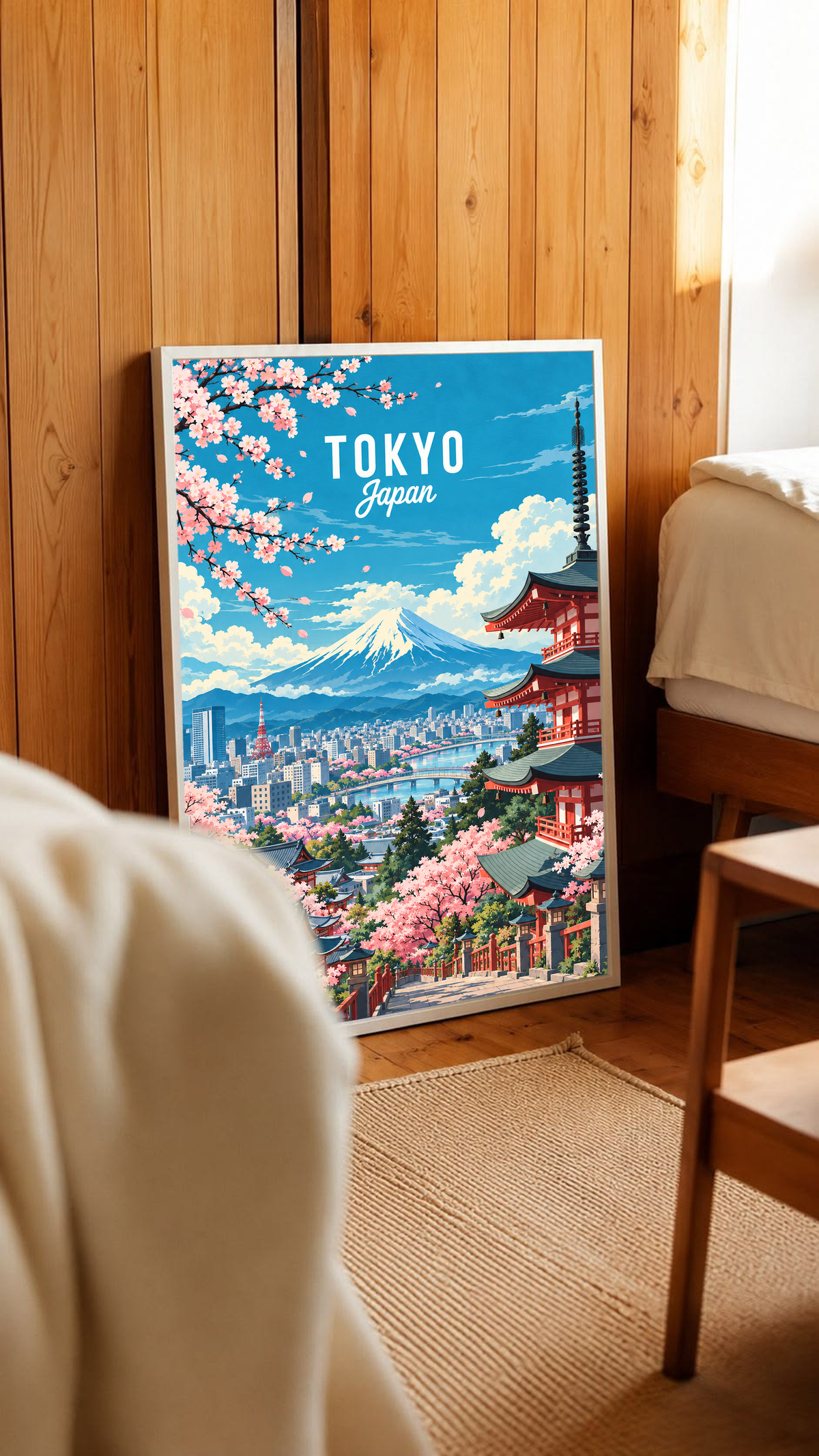 Black-framed Tokyo spring poster with cherry blossoms, pagoda, and Mount Fuji skyline.