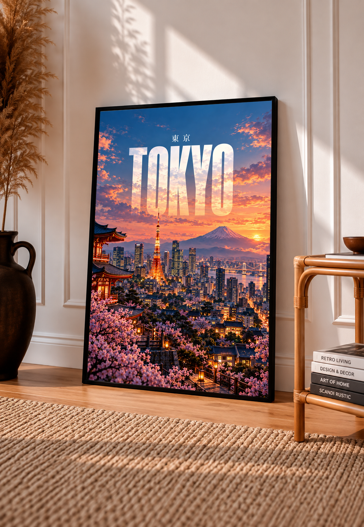 Framed Tokyo skyline print leaning on the floor with illuminated tower, blossoms, and Mount Fuji