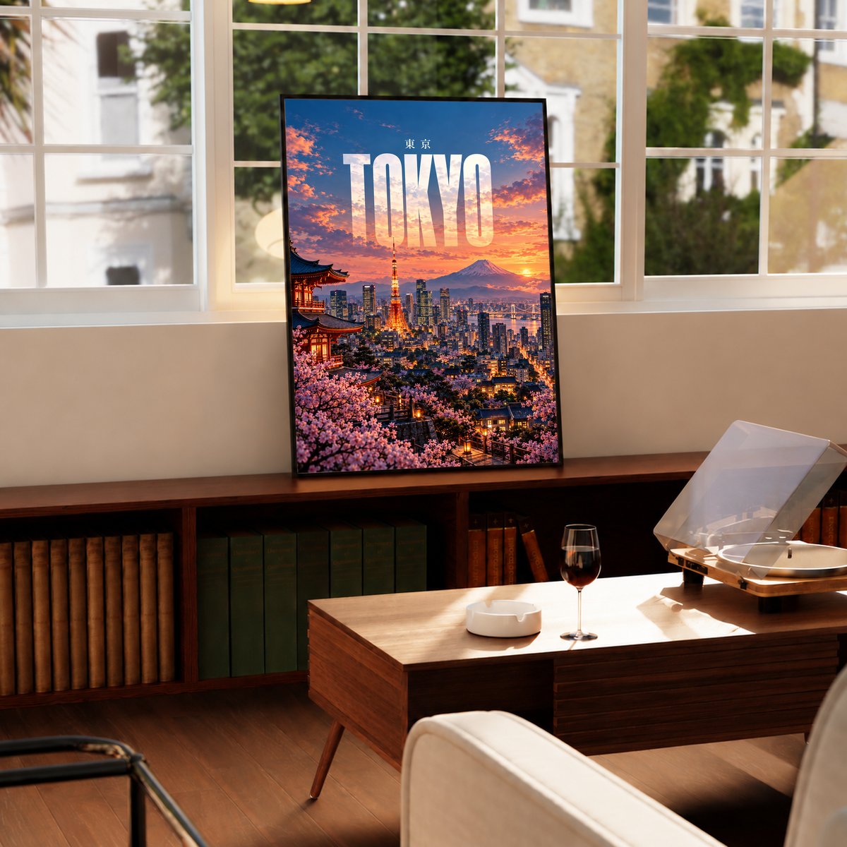 Framed Tokyo skyline poster on a window ledge, illuminated tower, cherry blossoms, Mount Fuji