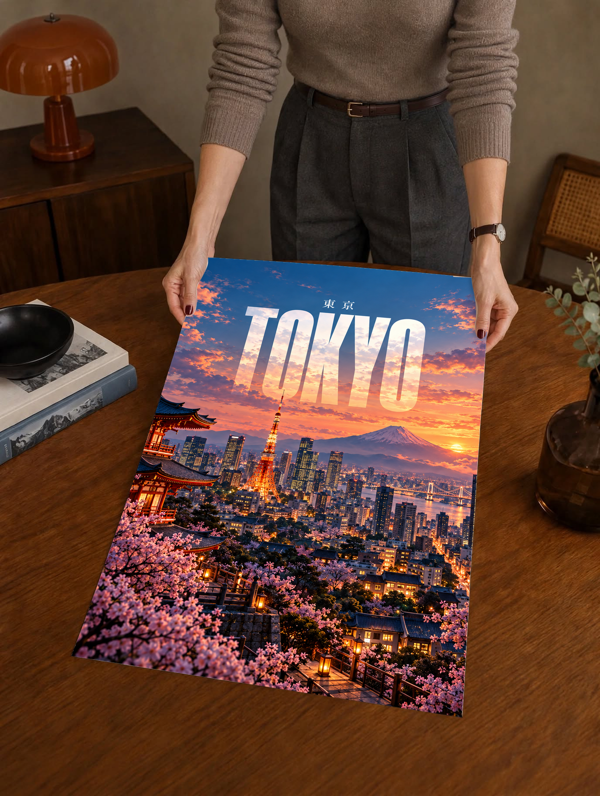 Framed Tokyo skyline poster being held, illuminated tower, cherry blossoms, Mount Fuji at sunset