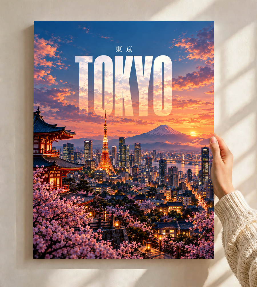 Framed Tokyo poster held up, featuring illuminated tower, cherry blossoms, and Mount Fuji sunrise