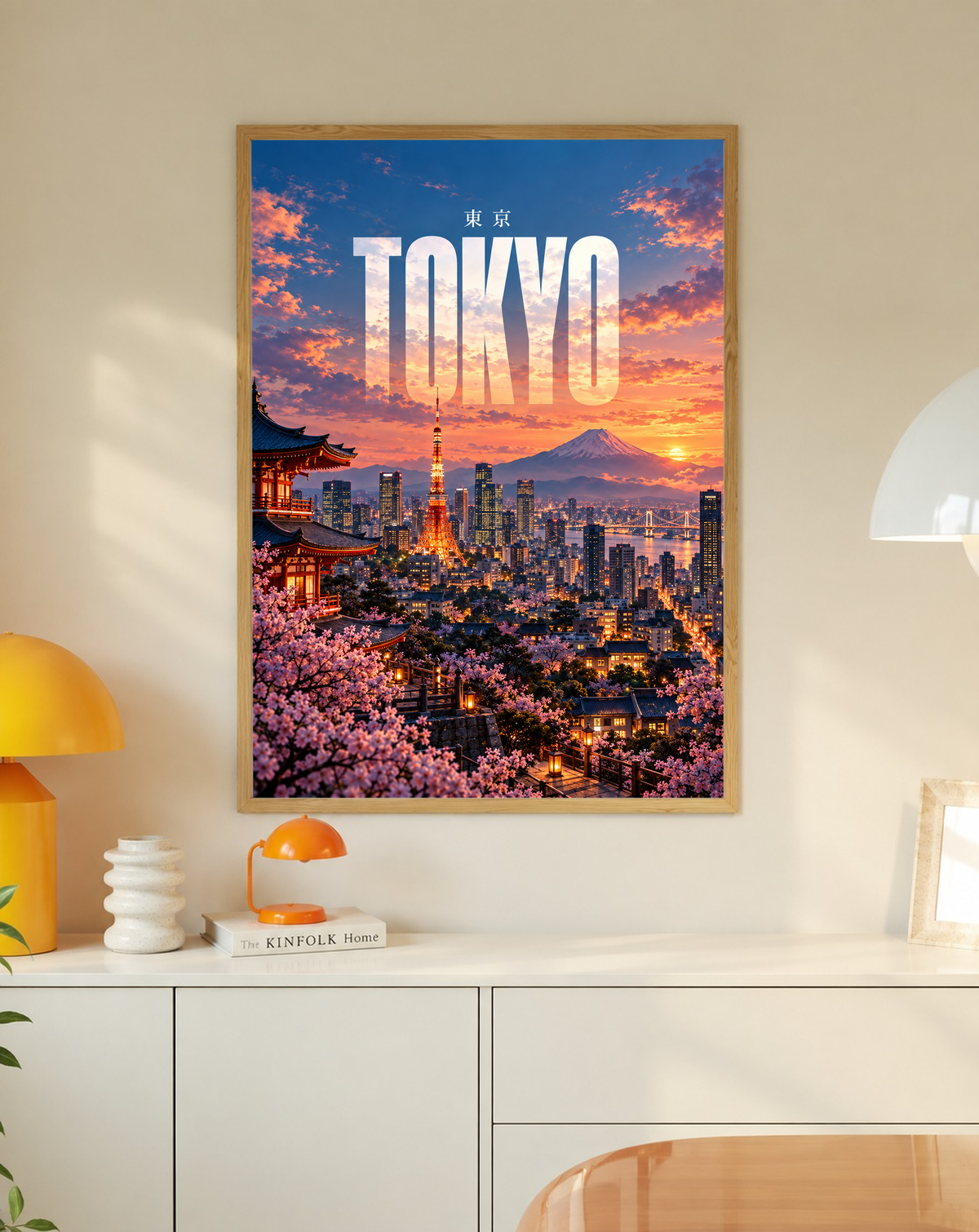 Framed Tokyo skyline poster with illuminated tower, cherry blossoms, and Mount Fuji at sunset