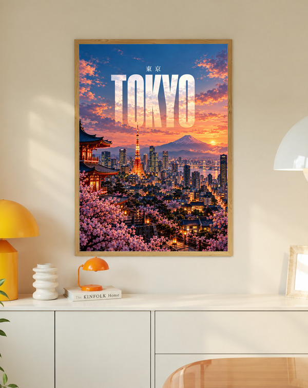 Framed Tokyo skyline poster with illuminated tower, cherry blossoms, and Mount Fuji at sunset
