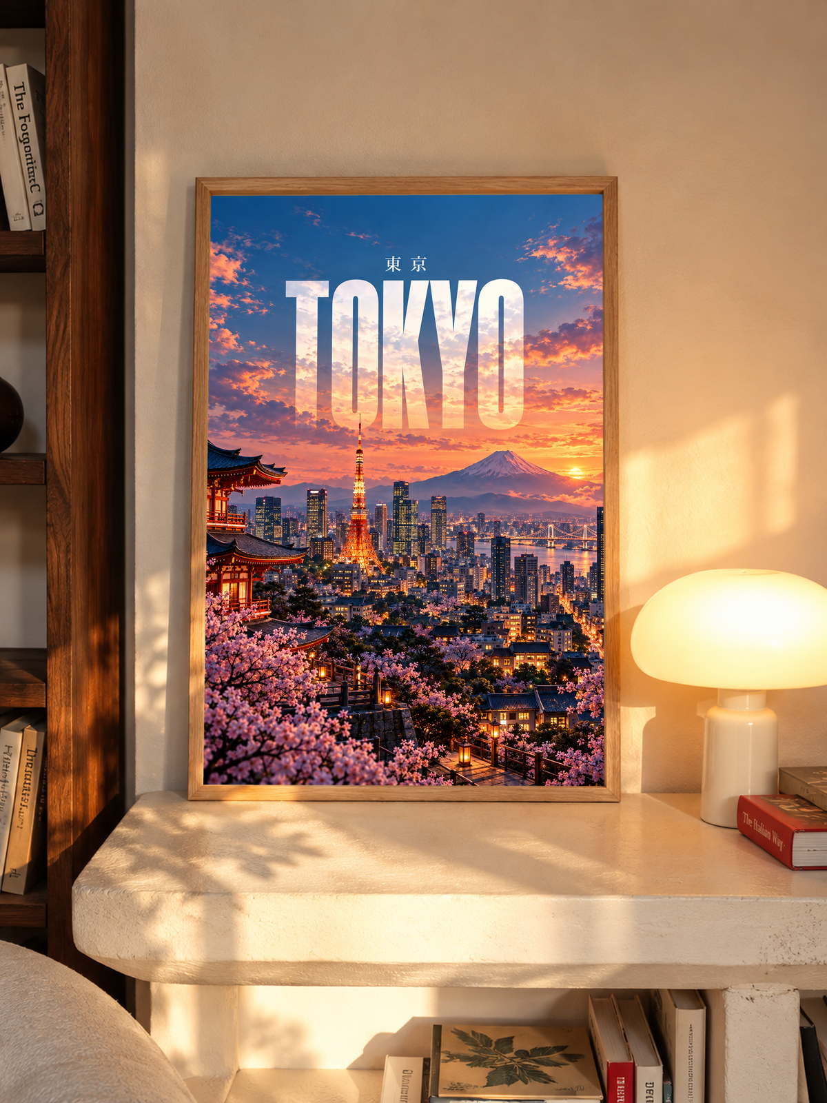 Framed Tokyo skyline poster on a shelf, illuminated tower, cherry blossoms, and Mount Fuji