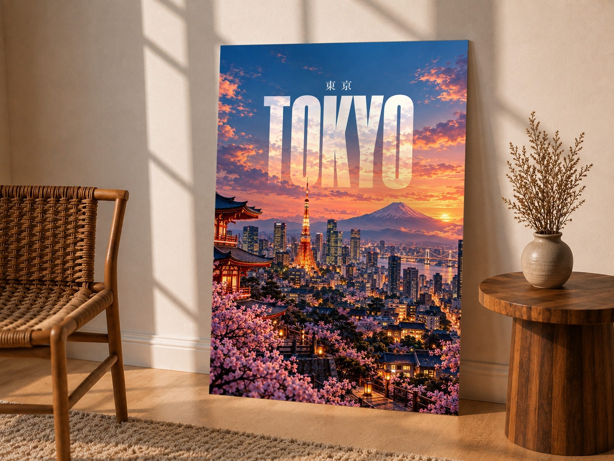 Tokyo skyline poster with illuminated tower, cherry blossoms, sunset and Mount Fuji