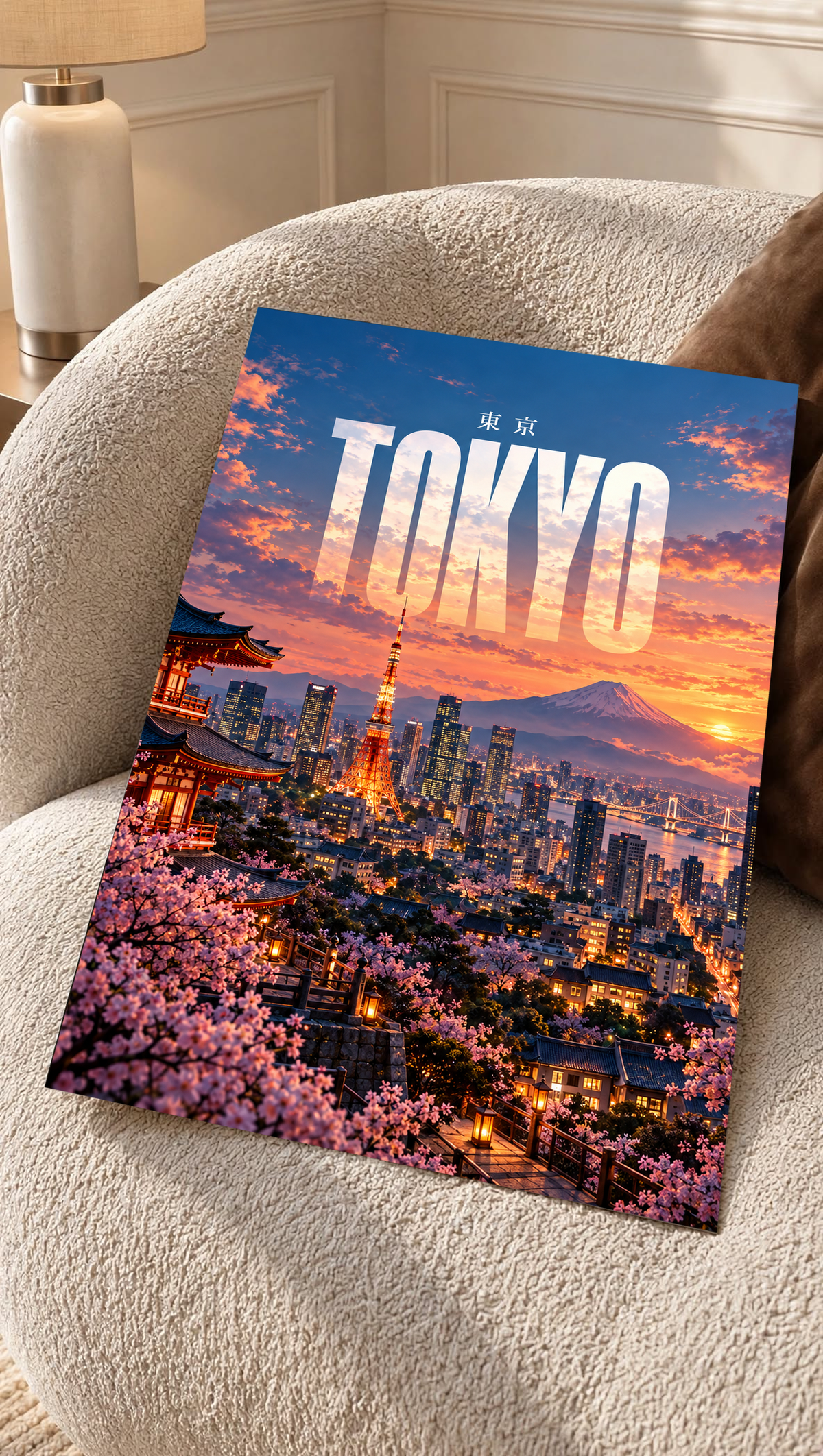 Framed Tokyo skyline poster on an upholstered chair, illuminated tower, cherry blossoms, Mount Fuji