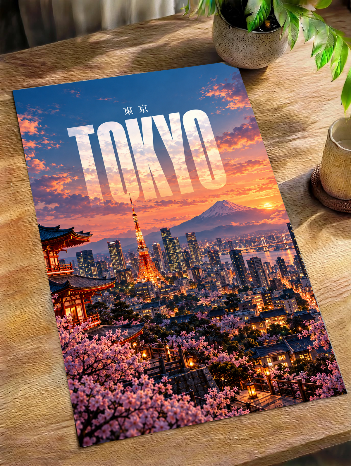 Framed Tokyo skyline poster on a wooden table, illuminated tower, cherry blossoms, Mount Fuji
